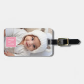Roze wit 1 Foto Collage Aangepast monogram Bagagelabel (Voorkant horizontaal)