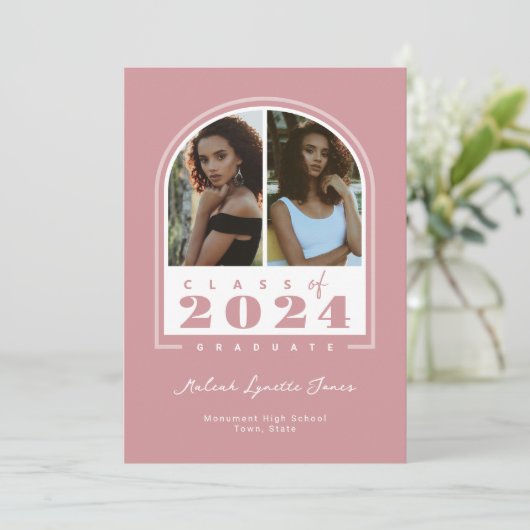 Roze Wit 2024 Modern Arch Foto Afstuderen Aankondiging (Staand voorkant)