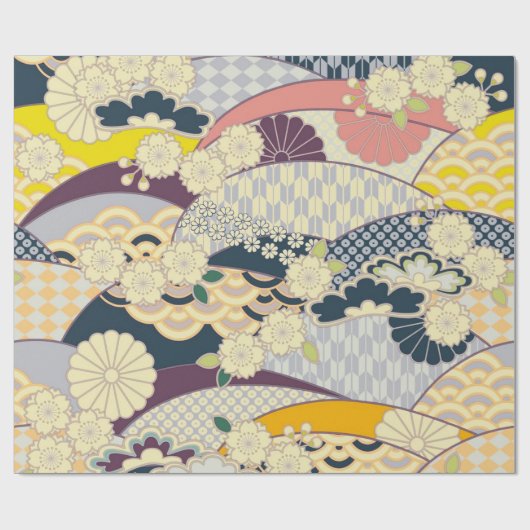 Roze Wit Blauw Japans Kimono Bloemen Decoupage Cadeaupapier (Vlak)