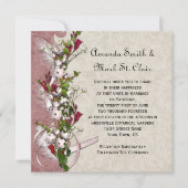  roze wit bloemenlint veren bruiloft kaart (Voorkant)