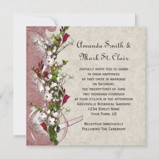  roze wit bloemenlint veren bruiloft kaart (Voorkant)