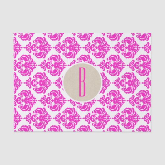 Roze Wit Damast Kraft Monogram Letter Initiaal Tissuepapier (Voorkant)
