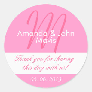 Roze Wit Eenvoudig Initiaal Trouwgunst Dank u Ronde Sticker