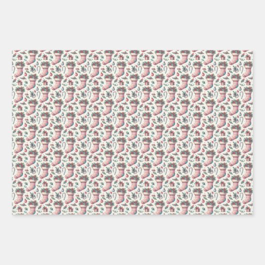 Roze Wit en Blauw Kerstmis Kousen Inpakpapier Vel (Voorkant 2)