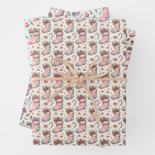 Roze Wit en Blauw Kerstmis Kousen Inpakpapier Vel (In situ)