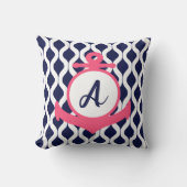 Roze, Wit, en Blauw Nautisch Anker met Initiaal Kussen (Voorkant)