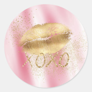 Roze Wit en Gouden Lippen Kus Gouden Glitter XOXO Ronde Sticker