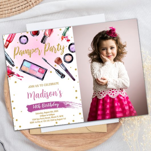Roze Wit Foto Pamper Party Verjaardagsuitnodiginge Kaart