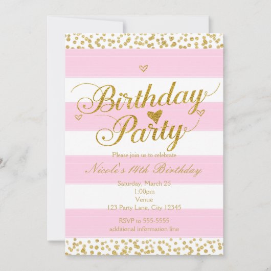 Roze Wit & Goud Hart VERJAARDAG UITNODIGINGEN (Voorkant)