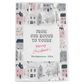 Roze Wit Grijs Huizen Kerst Medium Cadeauzakje (Voorkant)