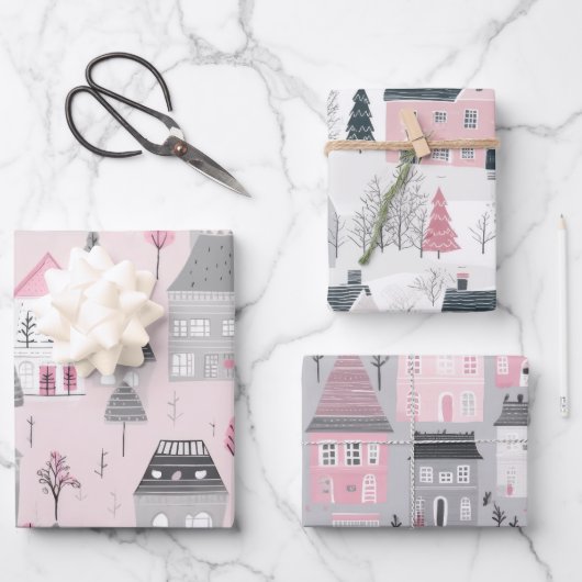 Roze Wit Grijs Kerst Huizen  Inpakpapier Vel (Voorkant)