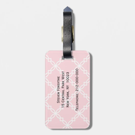 Roze Wit Groot Fancy Quatrefoil Patroon Bagagelabel (Achterkant verticaal)