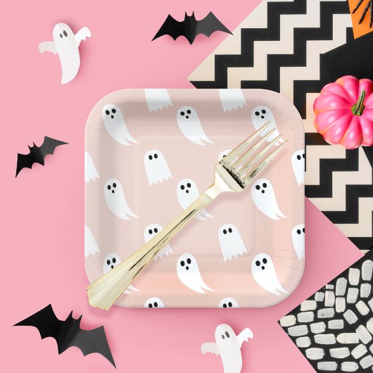 Roze & Wit Halloween Spook & Patroon Papier Papieren Bordje