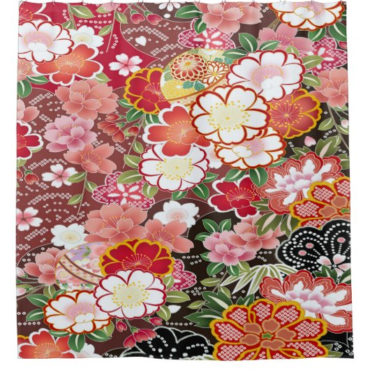  Roze Wit Japans Kimono Bloembloem Douchegordijn (Voorkant)
