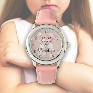 Roze wit lint en knuffel tweeling konijn kids horloge