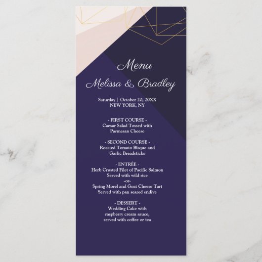 Roze wit marineblauw & goud geometrie Wedding Menu (Voorkant)