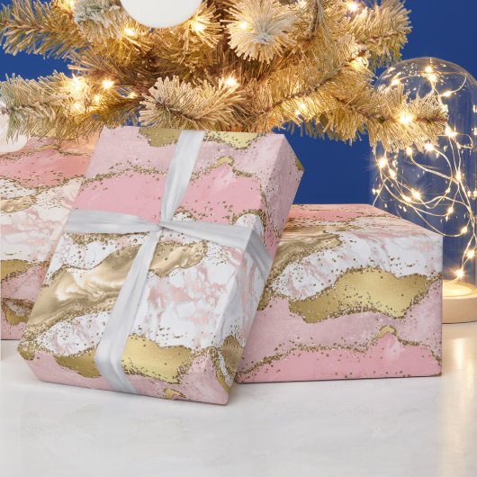 Roze Wit Marmer Gouden Glitter Cadeaupapier (Feestdagen)