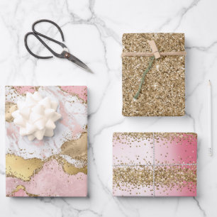 Roze Wit Marmer Gouden Glitter Inpakpapier Vel