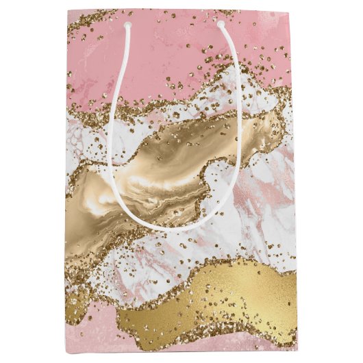 Roze Wit Marmer Gouden Glitter Medium Cadeauzakje (Voorkant)