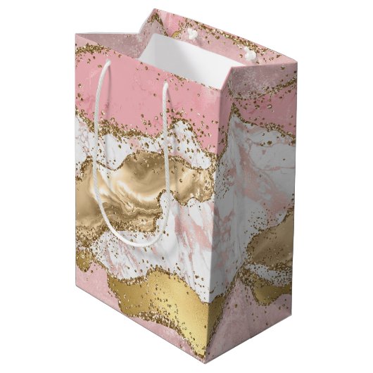 Roze Wit Marmer Gouden Glitter Medium Cadeauzakje (Achterkant Gekanteld)