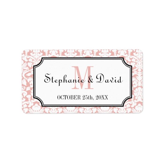 Roze wit monogram damask lijst bruiloft gunst labe etiket (Voorkant)
