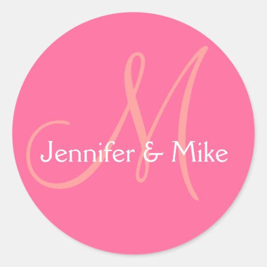 Roze Wit Monogram Huwelijksgunst Sticker (Voorkant)