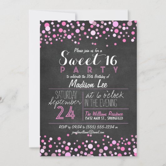 Roze & Wit Retro Krijtbord Sweet 16 Party Kaart (Voorkant)