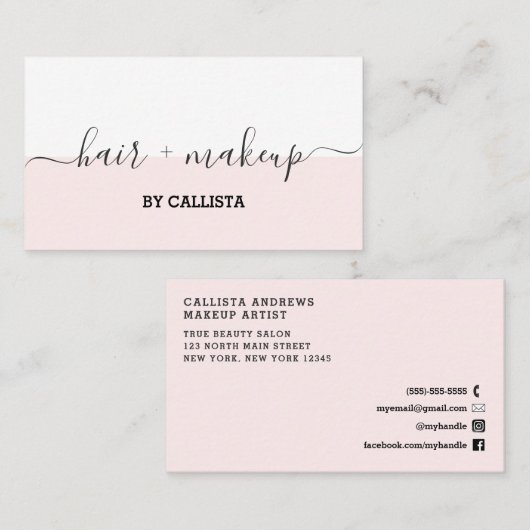 Roze Wit Script Hair Make-up Visitekaartje (Voorkant / Achterkant)