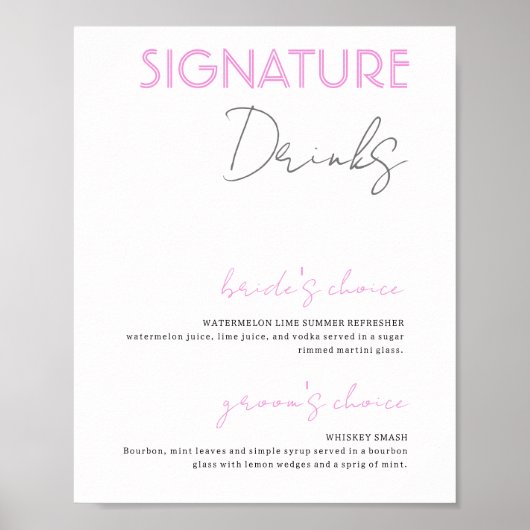 Roze & Wit Signature Drinken Bruiloft Bar Poster (Voorkant)