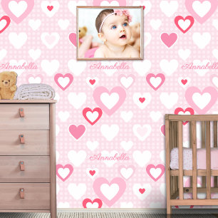 Roze Witte Aangepaste Baby Naam Decor Behang