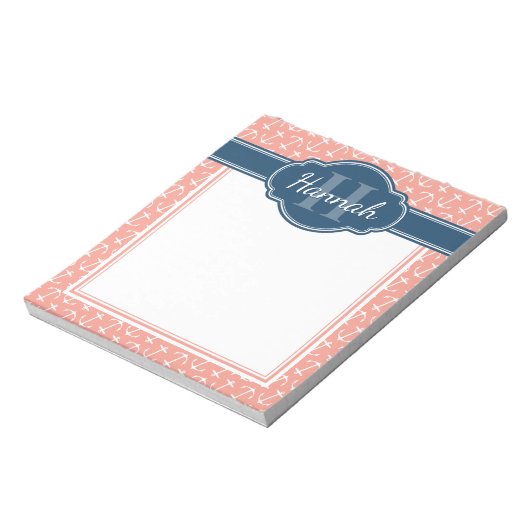 Roze witte anchor Pattern Blue Monogram Notitieblok (Gedraaid)