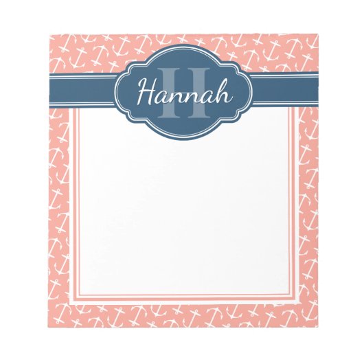 Roze witte anchor Pattern Blue Monogram Notitieblok (Voorkant)