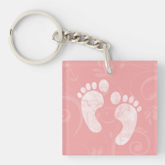 Roze/witte Baby voetafdrukken Sleutelhanger (Voorkant)