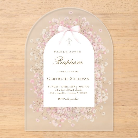 roze witte baby's adem bloemen doop acryl uitnodigingen (Voorkant)