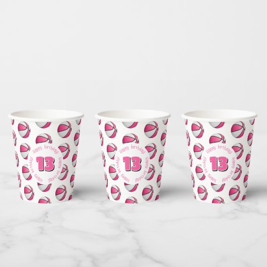 Roze witte basketballen verjaardagsfeestje papieren bekers (Multi)