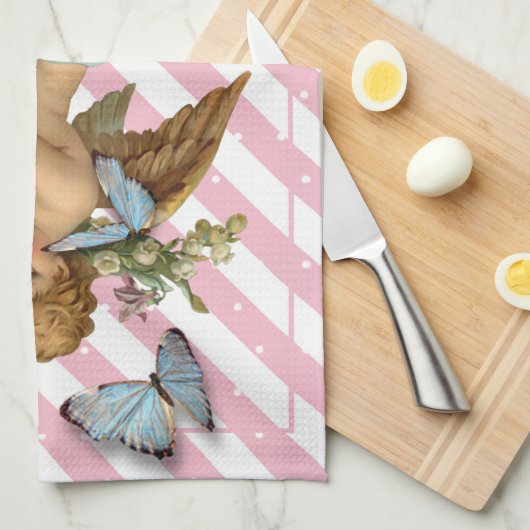 Roze witte blauwe Cherub Butterfly Kitchen Tea Tow Theedoek (Quarter Fold)
