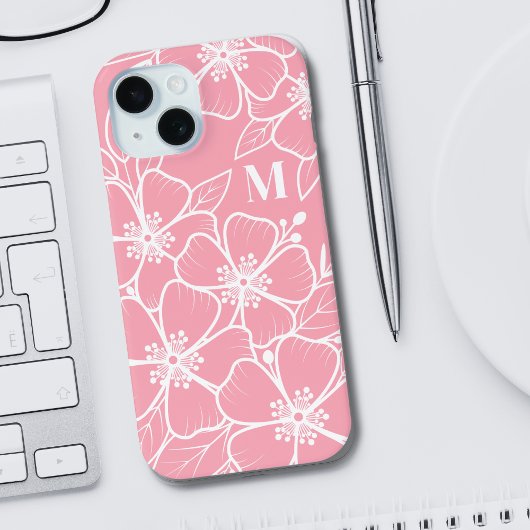 Roze Witte Bloem Initialen Monogram Case-Mate iPhone Case