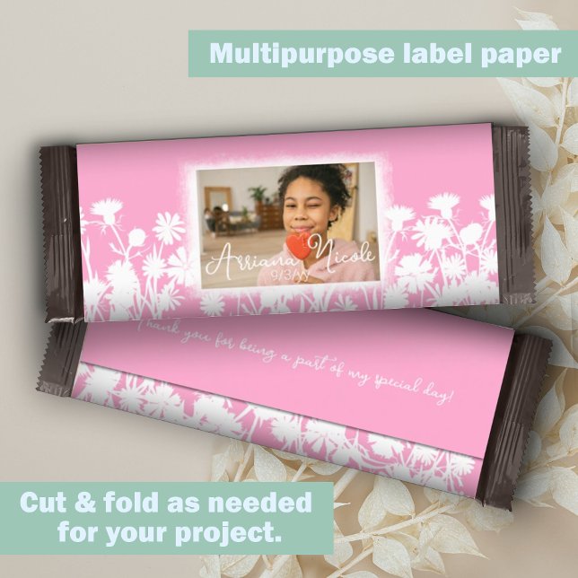 Roze Witte Bloemen Bat Mitzvah Snoep Bar Wrapper (Pink, white botanical wild flowers bat mitzvah personalized chocolate bar wrapper DIY cheap budget)