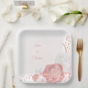 roze & witte bloemen botanische bruiloft papieren bordje