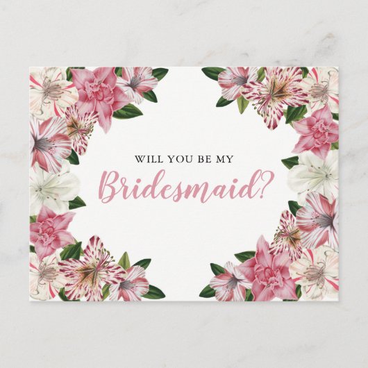 Roze | Witte Bloemen Bruidsmeisje Aanvraag Uitnodiging Briefkaart (Voorkant)