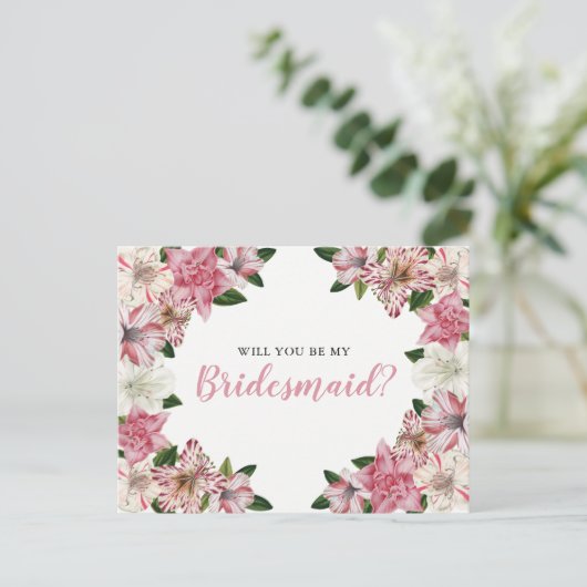 Roze | Witte Bloemen Bruidsmeisje Aanvraag Uitnodiging Briefkaart (Staand voorkant)