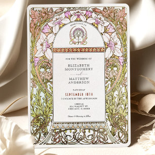 Roze & Witte Bloemen Elegantie Art Nouveau Huwelij Kaart