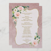 Roze Witte Bloemen Goud Meisje Communie Menu Kaart (Voorkant / Achterkant)