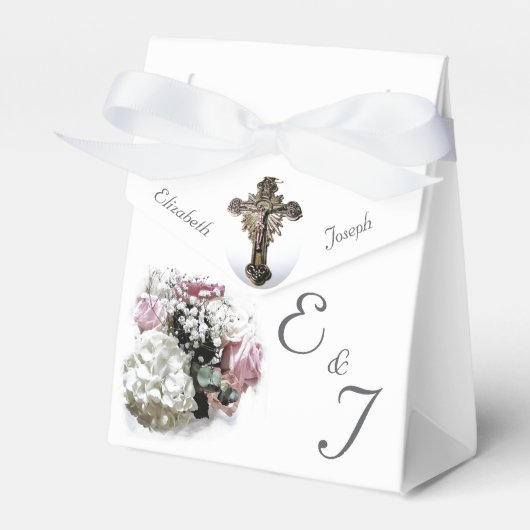 Roze & Witte Bloemen Katholieke Trouwgunstbox Bedankdoosjes (Voorkant Zijde)
