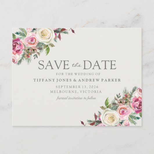 Roze Witte Bloemen Save The Date Briefkaart (Voorkant)