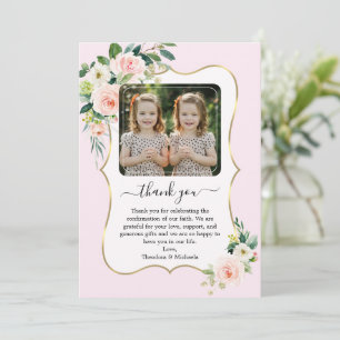 Roze Witte Bloemen Tweeling Meisjes Fotobevestigin Bedankkaart