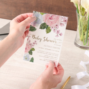 Roze Witte Bloemige Groene Baby Meisje Vellum Uitnodigingen