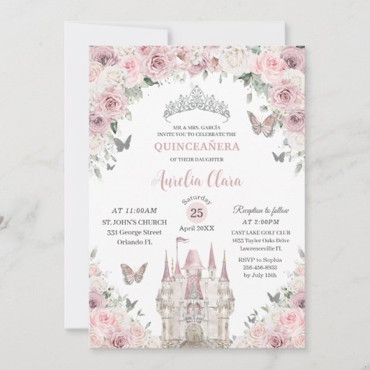 Roze Witte Bloemige Prinsessenkasteel Quinceañera Kaart (Voorkant)