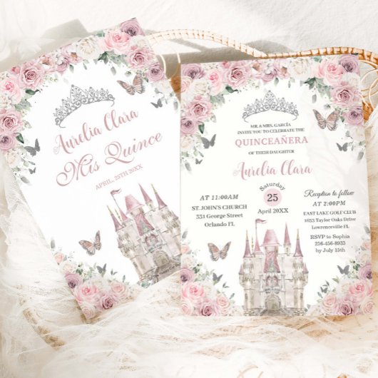 Roze Witte Bloemige Prinsessenkasteel Quinceañera Kaart