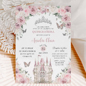 Roze Witte Bloemige Prinsessenkasteel Quinceañera Kaart